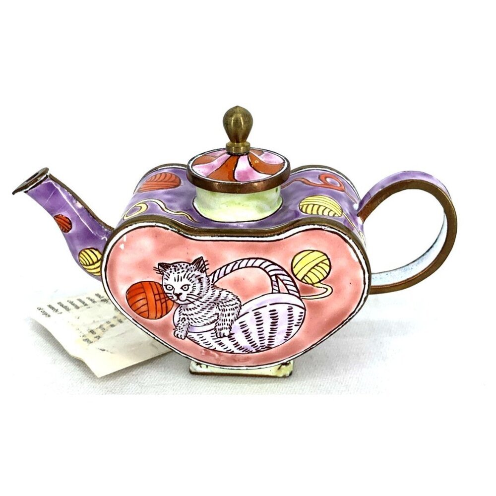 Kevin Chen Miniature Teapot Enamel Hand Painted Cats with Box - Picture 4 of 10